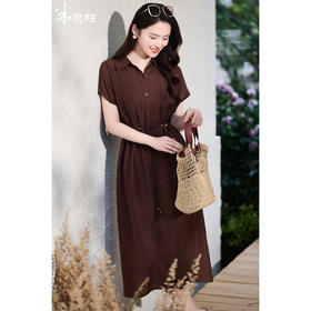 落日深棕调 复古氛围衬衫裙 肌理感天丝混纺 米思阳2026夏季新款优雅通勤衬衫连衣裙串珠腰带中长款A字裙女6152