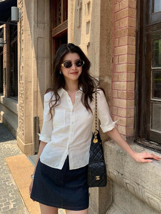 精简翻领老钱风亚麻中腰中袖翻领显瘦衬衫 商品图4