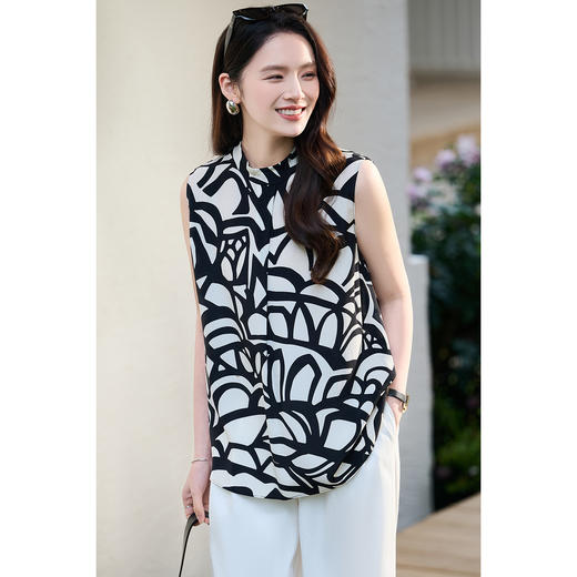 米思阳2026夏季新款轻奢高级感黑白印花背心女夏季无袖衬衫小衫百搭上衣女1043 商品图1