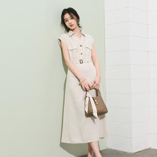 三彩2026夏季新款休闲连衣裙翻领短袖收腰A字裙长裙简约气质S 商品图1