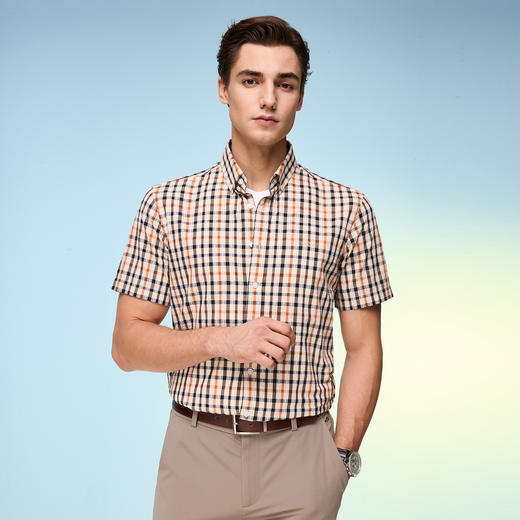 【纯棉舒适】德鲨卡其色短袖衬衫男2026夏款休闲格子上衣打底衬衣 商品图1