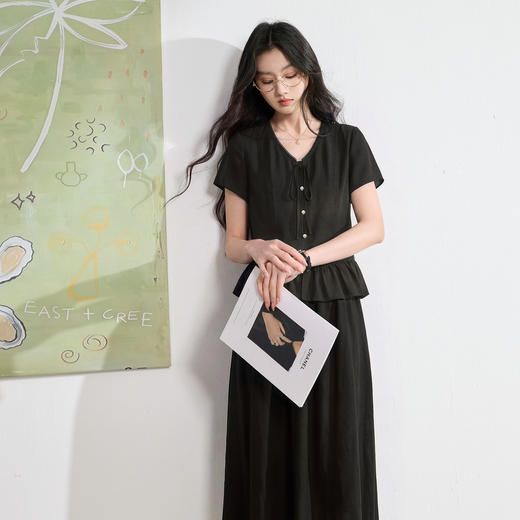 【醋酸】三彩2026夏季新款套装V领衬衫上衣半身裙A字长裙两件套S 商品图3