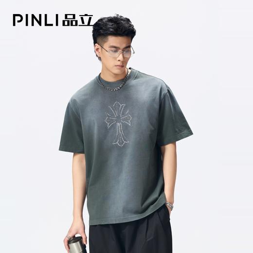 PINLI品立2026夏季新款青年十字架烫钻圆领落肩短袖T恤上衣潮牌男BG262111021 商品图3