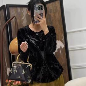 【新中式真丝刺绣烧花】100桑蚕丝圆领性感长袖t恤女M2410