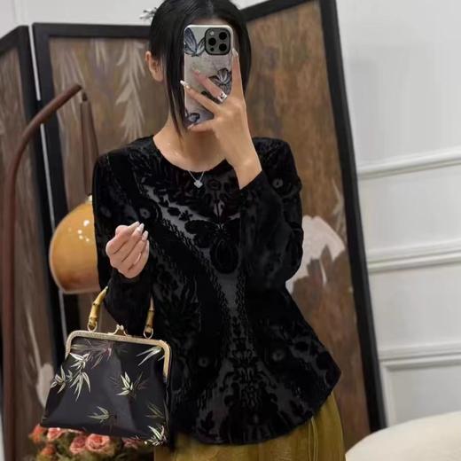 【新中式真丝刺绣烧花】100桑蚕丝圆领性感长袖t恤女M2410 商品图0