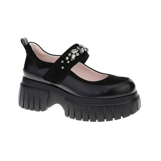 sheme皮料拼接水晶条带点缀超轻厚底时尚舒适女士玛丽珍鞋可定制 商品图4