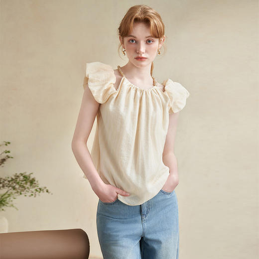 【凉爽天丝】法式复古串珠一字肩挂脖衬衣女夏季宽松衬衫LXD50892 商品图3