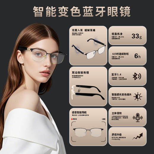 【AI翻译】笙观相沐 智能蓝牙眼镜GS06金属镜框磁吸充电变色镜片双声道 商品图3