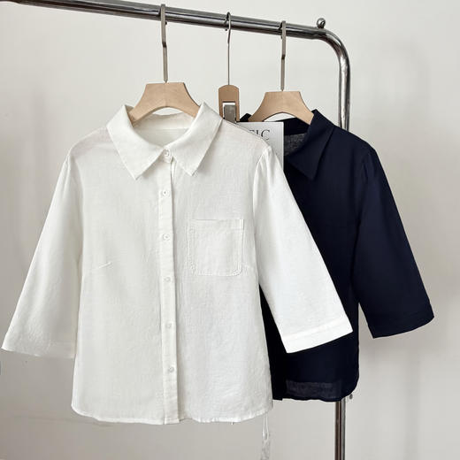 精简翻领老钱风亚麻中腰中袖翻领显瘦衬衫 商品图14