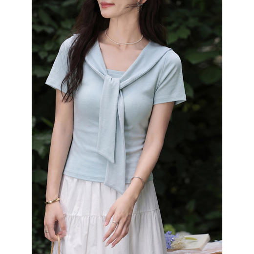 鹿向南【0402/20:00新品前1小时5折限量100件】气质百搭蓝色T恤女 商品图1