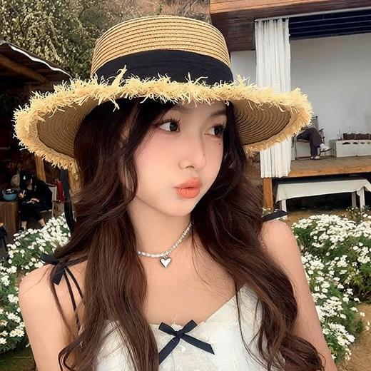 蝴蝶结毛边平顶草帽百搭海边防晒夏季新款女度假太阳编织遮阳帽子 商品图3