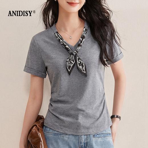 时尚丝巾V领短袖修身收腰T恤 商品图2