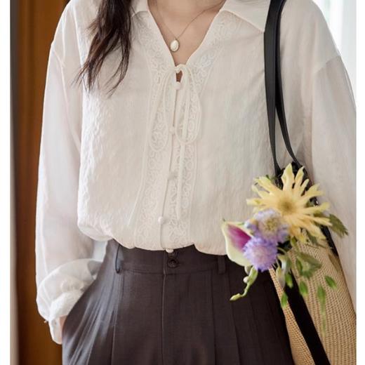 白色翻领花边系带落肩长袖衬衫3710 商品图4