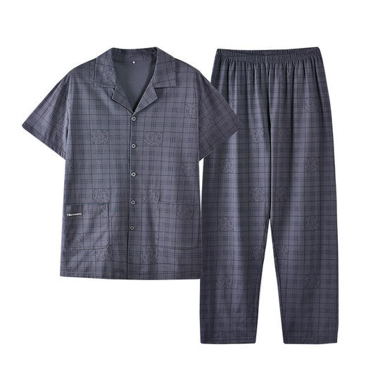 夏季男士睡衣纯棉翻领开衫短袖长裤可外穿爽棉家居服格子套装新款   JL-5525 商品图4