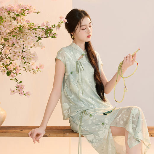 三彩【素锦流年】2026夏季新款新中式套装烧花小衫上衣半身裙C 商品图3