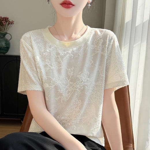 百媚生 复古国风提花套头短袖T恤针织打底上衣YT-A303 商品图0