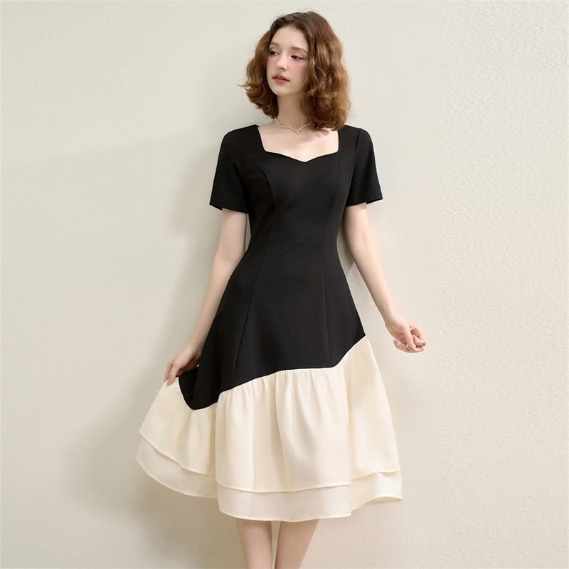 【限时秒杀】法式浪漫气质优雅撞色拼接针织裙女夏季短袖连衣裙LXD50681