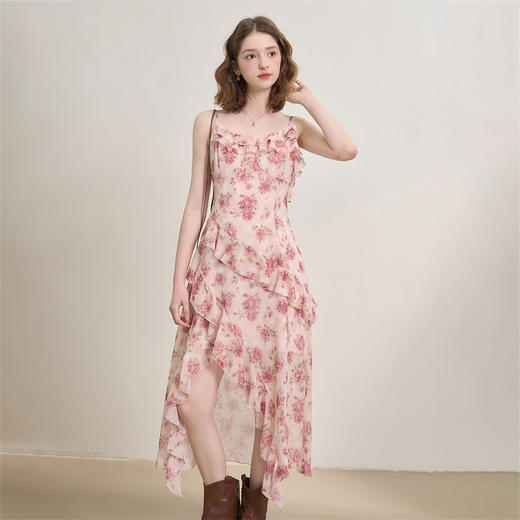 西遇浪漫玫瑰法式拼接荷叶边碎花吊带裙女夏季不规则连衣裙LXD50959 商品图2