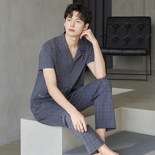 夏季男士睡衣纯棉翻领开衫短袖长裤可外穿爽棉家居服格子套装新款   JL-5525 商品图2