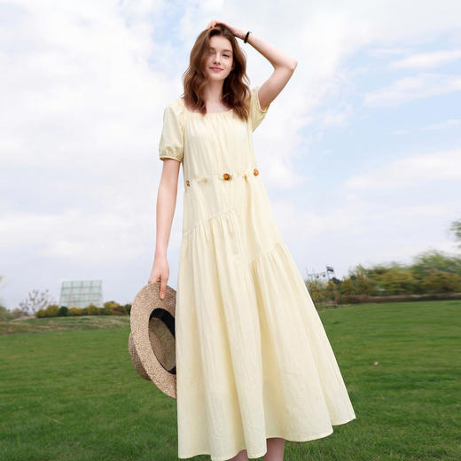 三彩2026夏季新款方领连衣裙短袖A字裙宽松大摆长裙度假M 商品图2