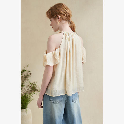 【凉爽天丝】法式复古串珠一字肩挂脖衬衣女夏季宽松衬衫LXD50892 商品图4