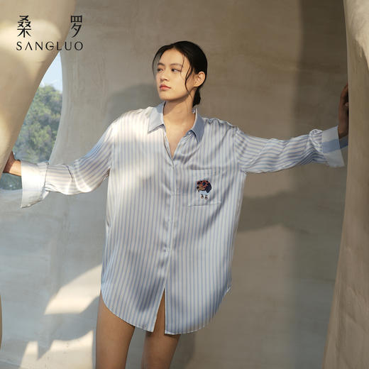 桑罗萌趣旺旺条纹印花衬衫裙桑蚕丝女长袖家居服度假小狗可外穿 商品图0