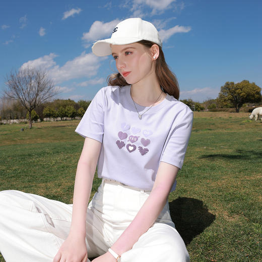 三彩2026夏季新款爱心字母冰氧T恤凉感短袖宽松圆领套头衫上衣M 商品图3