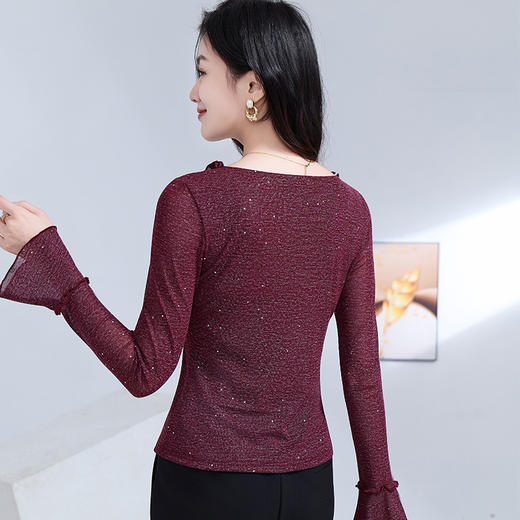 雀说 喇叭袖V领木耳边小衫时尚修身百搭弹力网纱气质上衣LC63166 商品图4