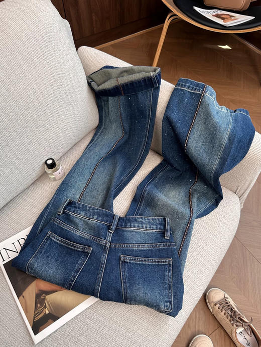 欧货立体拼接麦穗烫钻满天星阔腿牛仔裤 商品图9