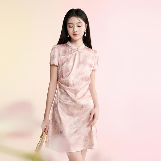 【牡丹倾城】三彩2026夏季新款立领收腰小A字短裙新中式连衣裙C 商品图3