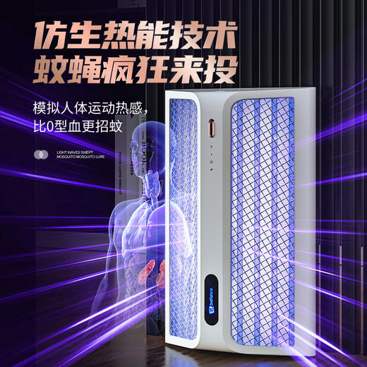 【家商两用广角灭蚊灯】芭菲灭蚊灯BF-M6 广角多方位诱杀 仿体温诱蚊 40颗紫光灯珠 200m²覆盖蚊蝇 高密镀锌网 锂电池续航 可壁挂/平放 商品图4