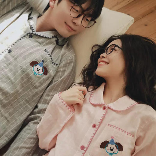 全棉双层纱～情侣款生日狗刺绣纯棉睡衣丘比兔刺绣长袖套装春秋季新款男女士家居服 商品图0