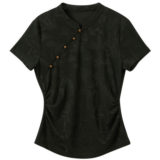 三彩【墨韵芳华】2026夏季新款新中式T恤提花立领短袖修身套头C 商品图4