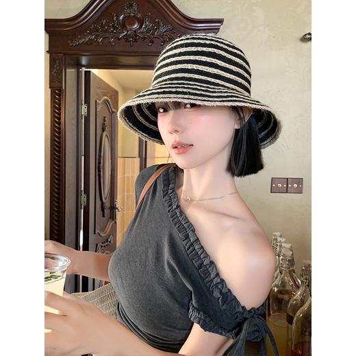 韩系复古条纹渔夫帽！2026女夏季透气显脸小遮阳防晒出游海边沙滩草帽子！ 商品图2