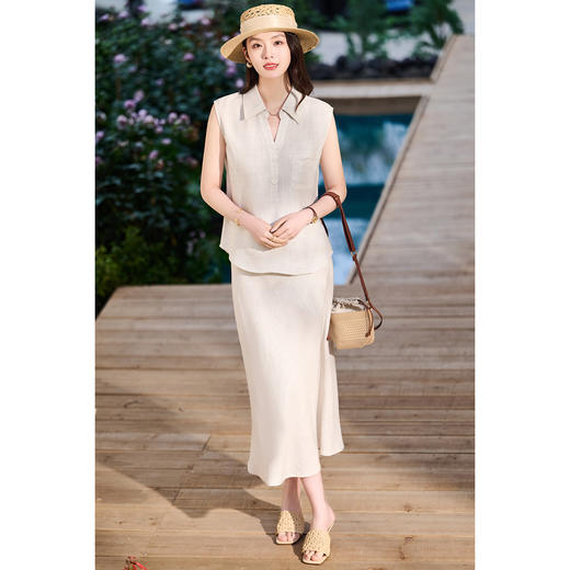 老钱风天丝亚麻套装 米思阳2026夏新品高级感优雅无袖衬衫半身裙两件套女时尚套装6135 商品图4
