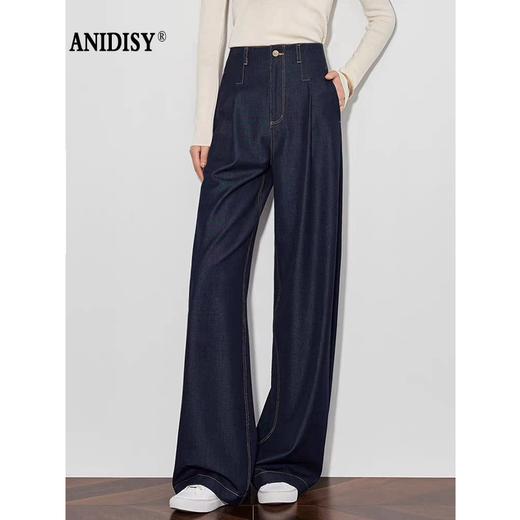 时尚高腰拉链抗皱垂感明线阔腿牛仔裤 商品图2