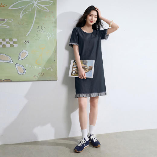 三彩2026夏季新款休闲连衣裙宽松圆领短袖木耳边直筒裙短裙S 商品图2