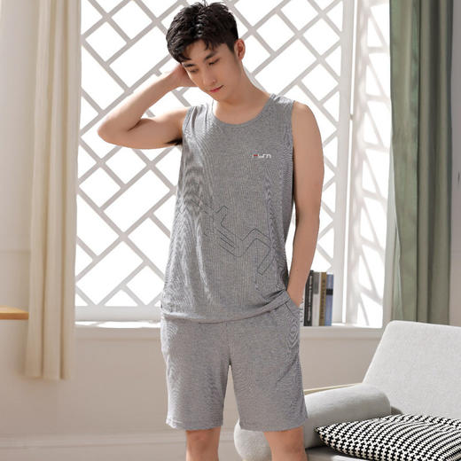 睡衣男夏季莫代尔背心无袖短裤中青年薄款大码宽松男士套装家居服   JL-19514B/19514/19517 商品图2