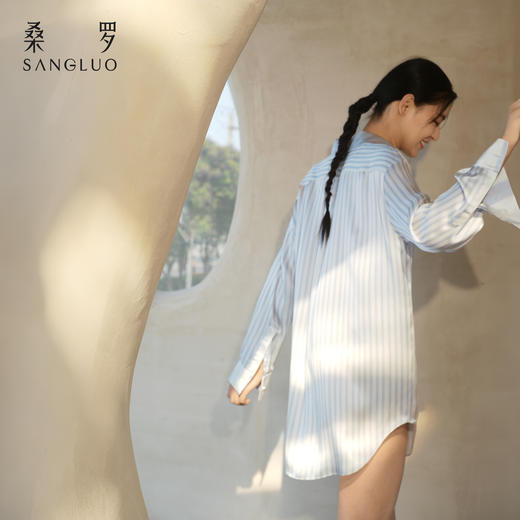 桑罗萌趣旺旺条纹印花衬衫裙桑蚕丝女长袖家居服度假小狗可外穿 商品图5