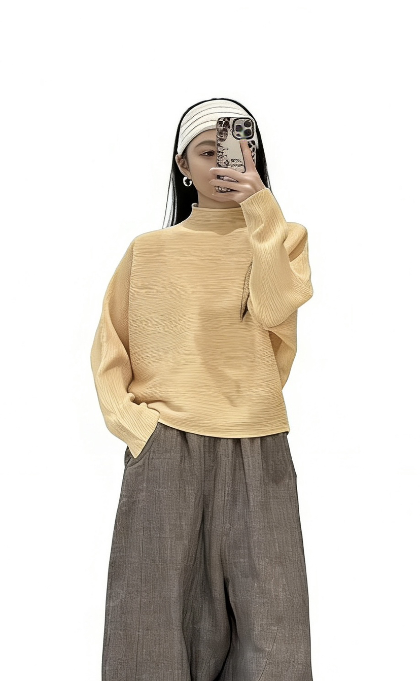 三宅蝙蝠袖褶皱上衣 黄色 蓝色 黑色 自己备注颜色