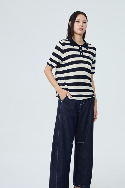 水淼2026年春新款POLO领条纹短袖毛衫2524 商品图0