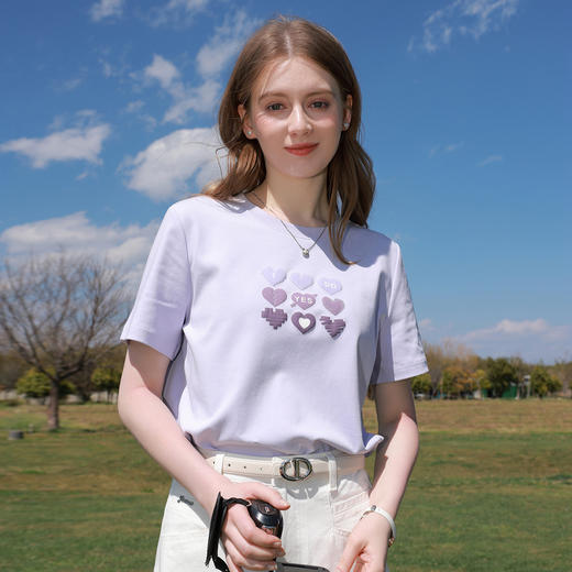 三彩2026夏季新款爱心字母冰氧T恤凉感短袖宽松圆领套头衫上衣M 商品图2