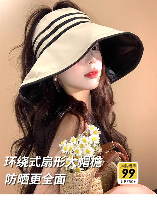 UPF50+高倍防晒黑胶防晒帽 大沿条纹空顶帽子 女户外防紫外线可折叠太阳帽  商品图7