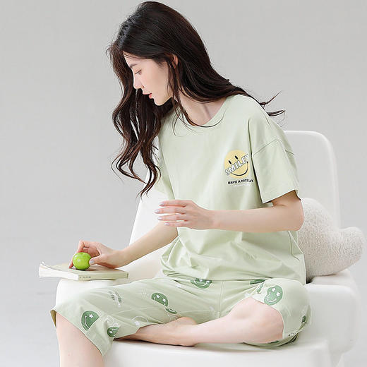 新品夏季纯棉短袖七分裤睡衣女士薄款凉爽休闲简约大码家居服套装   JL-YS5686 商品图3