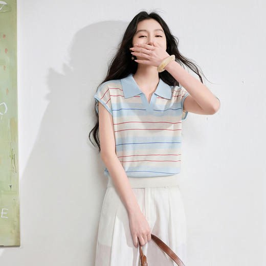 三彩2026夏季新款休闲翻领条纹针织衫Polo衫上衣套头毛衫S 商品图2