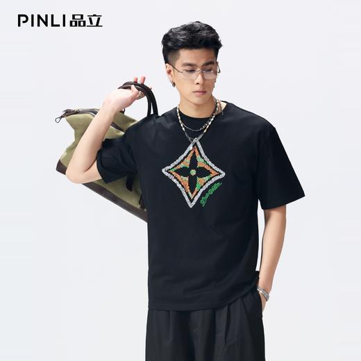 PINLI品立2026夏季新款男士字母花纹菱形烫钻圆领落肩短袖T恤上衣BG262111023 商品图0