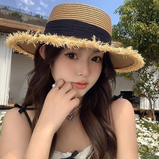 蝴蝶结毛边平顶草帽百搭海边防晒夏季新款女度假太阳编织遮阳帽子 商品图2