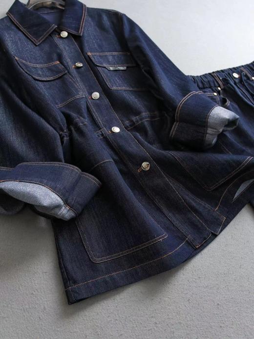 F033168牛仔裤套装新款银丝薄棉牛仔外套抽绳直筒简约松紧腰阔腿裤 商品图12