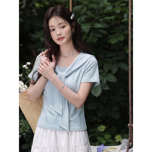 鹿向南【0402/20:00新品前1小时5折限量100件】气质百搭蓝色T恤女 商品图4