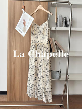 专柜实拍【天丝莱赛尔】拉夏贝尔/La Chapelle轻奢线！法式V领撞色花朵后背松紧吊带裙气质温柔连衣裙
